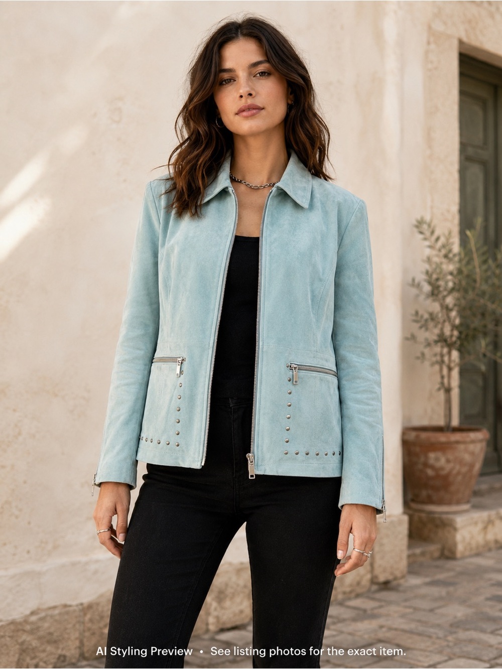 Guillaume NWT Suede Leather Jacket Pastel Blue Green Studded Y2K L